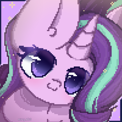 Size: 2000x2000 | Tagged: safe, artist:miryelis, imported from derpibooru, starlight glimmer, pony, unicorn, big ears, big eyes, blushing, cute, horn, looking at you, pixel art, simple background, smiling, smiling at you, solo, sparkles