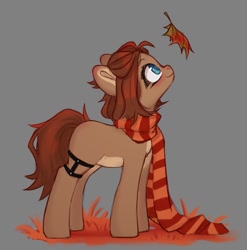 Size: 671x680 | Tagged: safe, artist:shelti, imported from derpibooru, oc, oc only, oc:owl, earth pony, pony, clothes, colored pupils, female, leaf, looking up, mare, scarf, smiling, solo, striped scarf