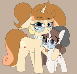 Size: 2778x2685 | Tagged: safe, artist:chaosllama, imported from derpibooru, oc, oc only, oc:mocha bean macchiato, oc:tiarmisu juliette, pony, unicorn, beanie, butt freckles, cute, duo, ear piercing, earring, eye clipping through hair, female, filly, foal, freckles, glasses, hat, horn, jewelry, lidded eyes, looking at you, mare, mother and child, mother and daughter, neck freckles, necklace, piercing, simple background, tongue out