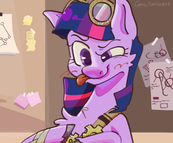 Size: 3393x2816 | Tagged: safe, artist:gay_smilesss, imported from derpibooru, twilight sparkle, earth pony, pony, earth pony twilight, gears, goggles, goggles on head, race swap, simple background, tongue out