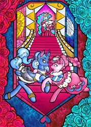 Size: 4800x6714 | Tagged: safe, alternate version, artist:facadeart, imported from derpibooru, pinkie pie, princess celestia, princess luna, alicorn, earth pony, boots, clothes, commission, dress, ear piercing, earring, eyeshadow, fanfic art, female, fimfiction, fimfiction.net link, flower, jewelry, makeup, piercing, rose, shoes, socks, stained glass, stained glass window, text, tiara, trio, trio female