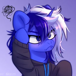 Size: 1000x1000 | Tagged: safe, artist:shelti, imported from derpibooru, oc, oc only, pony, unicorn, angry, blushing, bust, clothes, colored pupils, commission, female, frown, gradient background, grumpy, hoodie, horn, long sleeves, mare, messy mane, portrait, raised hoof, solo, unicorn oc