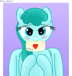 Size: 2880x3068 | Tagged: safe, artist:rainbowšpekgs, imported from derpibooru, spring melody, sprinkle medley, pegasus, pony, bedroom eyes, blushing, bronybait, cute, female, heart, heart eyes, letter, looking at you, love letter, loving gaze, mare, mouth hold, smiling, solo, wingding eyes, wings