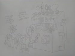 Size: 2592x1944 | Tagged: safe, artist:princebluemoon3, imported from derpibooru, rarity, twilight sparkle, alicorn, pony, unicorn, clothes, food, grayscale, gum, jumpsuit, machine, monochrome, roald dahl, sketch, traditional art, twilight sparkle (alicorn), violet beauregarde, willy wonka and the chocolate factory