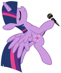 Size: 2745x3259 | Tagged: safe, artist:masami-rose-sav, artist:twilyisbestpone, imported from derpibooru, twilight sparkle, alicorn, pony, base used, beautiful, bipedal, cute, eyes closed, female, high res, mare, microphone, pegasus wings, performance, pretty, simple background, smiling, solo, spread wings, standing, transparent background, twiabetes, twilight sparkle (alicorn), wings