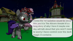 Size: 1920x1080 | Tagged: safe, artist:ask-the-luna-knight, imported from derpibooru, oc, oc only, bat pony, pony, 3d, armor, fountain, night, ponyville, ponyville town hall, solo, source filmmaker, speech bubble, text