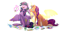 Size: 3410x1693 | Tagged: safe, artist:shaslan, imported from derpibooru, sunny starscout, twilight sparkle, alicorn, pony, braid, brush, easel, g5, happy, mouth hold, my little pony: a new generation, one eye closed, open mouth, open smile, paint, paintbrush, race swap, simple background, smiling, sunny and her heroine, sunnycorn, transparent background, twilight sparkle (alicorn)