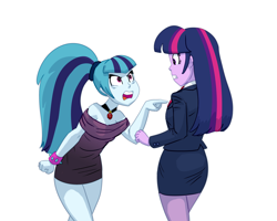 Size: 3752x3000 | Tagged: safe, artist:carnifex, imported from derpibooru, sonata dusk, twilight sparkle, comic:we will be adored, equestria girls, clothes, disguise, disguised siren, duo, duo female, female, jewelry, necklace, simple background, skirt, tuxedo, white background