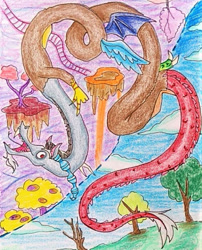 Size: 820x1015 | Tagged: safe, artist:mintytreble, imported from derpibooru, discord, draconequus, serpent, railroad, solo, tracks, traditional art, tree