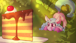 Size: 3840x2160 | Tagged: safe, artist:cocaine, imported from derpibooru, izzy moonbow, pony, unicorn, 4k, butt shake, cake, eye clipping through hair, eyebrows, eyebrows visible through hair, eyes on the prize, face down ass up, food, forest, g5, high res, hunting, imminent pounce, smiling, smirk, solo, wiggle