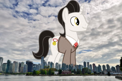 Size: 2048x1356 | Tagged: safe, artist:jaredking779, artist:sofunnyguy, imported from derpibooru, medallion gold, pony, unicorn, canada, giant pony, giant unicorn, highrise ponies, irl, macro, mega giant, photo, ponies in real life, vancouver