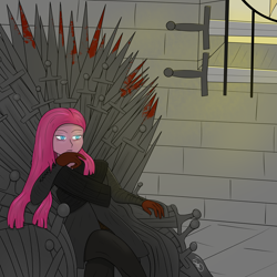 Size: 2953x2953 | Tagged: safe, artist:depressant, imported from derpibooru, pinkie pie, human, blood, castle, clothes, game of thrones, gloves, humanized, iron throne, pinkamena diane pie, solo, sword, weapon