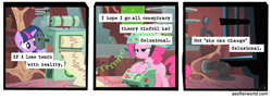 Size: 720x261 | Tagged: safe, edit, edited screencap, imported from ponybooru, screencap, pinkie pie, twilight sparkle, earth pony, unicorn, feeling pinkie keen, a softer world, comic, delusional, female, mare, screencap comic, twilight's lab, unicorn twilight