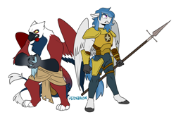 Size: 2212x1472 | Tagged: safe, artist:redxbacon, imported from ponybooru, oc, oc only, oc:delta dart, oc:grenadier, anthro, griffon, hippogriff, angry, anthro oc, armor, clothes, commission, commissioner:delta dart, griffon oc, hippogriff oc, male, simple background, spear, talons, weapon, white background, wings