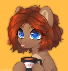 Size: 651x680 | Tagged: safe, artist:shelti, imported from derpibooru, earth pony, pony, :p, female, food, mare, mug, tea, tongue out