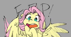 Size: 1200x628 | Tagged: safe, artist:shelti, imported from derpibooru, fluttershy, pegasus, pony, eep, floppy ears, gray background, open mouth, simple background, solo, spread wings, startled, wings