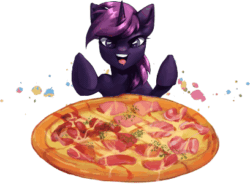 Size: 408x306 | Tagged: safe, artist:charlot, imported from derpibooru, oc, oc only, pony, unicorn, animated, commission, food, gif, horn, pizza, solo, unicorn oc, ych result