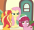 Size: 6000x5293 | Tagged: safe, artist:emeraldblast63, imported from derpibooru, fluttershy, puffed pastry, sunset shimmer, earth pony, pegasus, unicorn, comic:the tale of two sunsets, equestria girls, angry, cake, door, female, floppy ears, fluttershy is not amused, food, frown, hat, mare, scared, sitting, story included, train, unamused