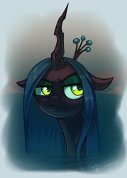 Size: 2926x4096 | Tagged: safe, artist:taneysha, imported from derpibooru, queen chrysalis, changeling, changeling queen, bust, crown, eyeshadow, female, floppy ears, high res, jewelry, lidded eyes, makeup, mare, pouting, regalia, solo