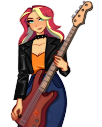 Size: 800x1000 | Tagged: safe, artist:4icamy, imported from derpibooru, sunset shimmer, human, equestria girls, bass guitar, blushing, choker, clothes, cute, denim, ear piercing, earring, eyeshadow, female, guitar pick, humanized, jacket, jeans, jewelry, leather, leather jacket, makeup, musical instrument, nail polish, pants, piercing, shimmerbetes, short shirt, simple background, solo, spiked choker, white background