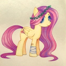 Size: 1772x1772 | Tagged: safe, artist:4icamy, imported from derpibooru, fluttershy, pegasus, pony, bandage, bandaid, cute, female, floral head wreath, flower, full body, grainy, looking at you, mare, shyabetes, simple background, solo, traditional art, yellow background