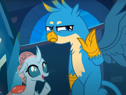 Size: 1003x756 | Tagged: safe, imported from derpibooru, screencap, gallus, ocellus, changedling, changeling, griffon, school raze, cropped, duo, female, gallus is not amused, looking at you, male, unamused