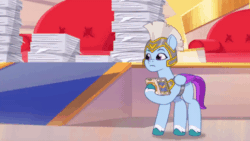 Size: 520x293 | Tagged: safe, imported from derpibooru, screencap, queen haven, pegasus, pony, spoiler:g5, spoiler:my little pony: tell your tale, spoiler:tyts01e17, animated, cellphone, duo, female, g5, guardsmare, helmet, mare, my little pony: tell your tale, paper, pegasus royal guard, phone, queens for a day, royal guard, zoom zephyrwing