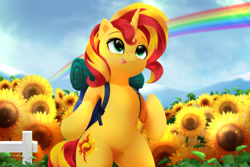 Size: 2700x1800 | Tagged: safe, artist:darksly, imported from derpibooru, sunset shimmer, pony, unicorn, equestria girls, :p, backpack, bag, bipedal, cute, female, fence, flower, grass, horn, mare, rainbow, shimmerbetes, solo, standing on two hooves, sunflower, tongue out