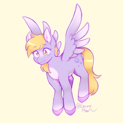 Size: 2048x2048 | Tagged: safe, artist:grumpimoon, imported from derpibooru, derpy hooves, pegasus, pony, alternate color palette, blaze (coat marking), coat markings, colored hooves, colored pinnae, facial markings, female, flying, full body, mare, pale belly, simple background, smiling, socks (coat markings), solo, spread wings, wings, yellow background