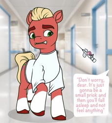 Size: 1936x2111 | Tagged: safe, artist:dancingkinfiend, derpibooru exclusive, imported from derpibooru, sprout cloverleaf, earth pony, pony, blonde, blonde hair, blonde mane, caption, clothes, coat markings, colored hooves, comforting, comic, doctor, fear, fetish, frown, g5, green eyes, gritted teeth, hooves, hospital, hospital gown, image macro, male, medical, my little pony: a new generation, needle, raised hoof, reassurance, red fur, scared, socks (coat markings), solo, speech, speech bubble, stallion, surgery, tail, talking, teeth, text, wavy hair, wavy mane, wavy tail