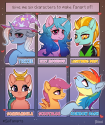 Size: 906x1080 | Tagged: safe, artist:dinoalpaka, imported from derpibooru, izzy moonbow, lightning dust, rainbow dash, scootaloo, somnambula, trixie, pegasus, pony, unicorn, six fanarts, :p, clothes, egyptian, egyptian headdress, egyptian pony, female, filly, foal, folded wings, g5, hat, horn, looking at each other, looking at you, mare, smiling, spread wings, tongue out, trixie's hat, uniform, washouts uniform, wings, wonderbolts uniform