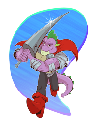 Size: 1600x2128 | Tagged: safe, artist:saturdaymorningproj, imported from derpibooru, spike, dragon, adult, adult spike, armor, beefspike, cape, clothes, gigachad spike, knight, knight spike, lance, male, muscles, muscular male, older, older spike, running, simple background, solo, transparent background, weapon