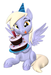 Size: 1080x1600 | Tagged: safe, artist:owlpirate, imported from derpibooru, derpy hooves, pegasus, pony, 3d, birthday cake, cake, cute, derpabetes, female, food, hat, hoof hold, licking, licking lips, mare, party hat, simple background, sitting, solo, source filmmaker, spread wings, tongue out, transparent background, unshorn fetlocks, wings