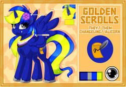 Size: 1280x879 | Tagged: safe, artist:missbramblemele, imported from derpibooru, oc, oc:golden scrolls, changepony, hybrid, female, mare, reference sheet, solo