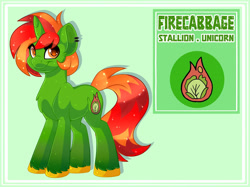 Size: 1280x955 | Tagged: safe, artist:missbramblemele, imported from derpibooru, oc, oc:fire cabbage, pony, unicorn, male, reference sheet, solo, stallion