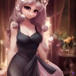 Size: 2048x2048 | Tagged: safe, imported from derpibooru, oc, oc only, anthro, earth pony, ai content, ai generated, breasts, cleavage, clothes, cute, dress, flower, flower in hair, generator:purplesmart.ai, generator:stable diffusion, looking at you, smiling, smiling at you, solo