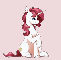 Size: 3359x3308 | Tagged: source needed, safe, artist:aquaticvibes, imported from derpibooru, oc, oc only, oc:haemella, pony, unicorn, eyeshadow, female, horn, makeup, mare, raised hoof, simple background, sitting, smiling, solo