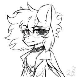 Size: 2000x2000 | Tagged: source needed, useless source url, safe, artist:rinteen, imported from derpibooru, pegasus, pony, bust, clothes, collar, eye clipping through hair, eyebrows, eyebrows visible through hair, looking at you, raised eyebrow, signature, simple background, sketch, solo, spiked collar, white background