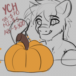 Size: 1000x1000 | Tagged: safe, artist:fkk, imported from derpibooru, oc, pony, advertisement, animated, commission, halloween, holiday, looking at you, pumpkin, smiling, smiling at you, solo, ych animation, ych sketch, your character here