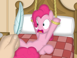 Size: 1026x778 | Tagged: safe, artist:porygon2z, imported from derpibooru, pinkie pie, earth pony, pony, bed, feather, fetish, hand, imminent tickles, open mouth, rope, scared, tickle torture, tickling, tied to bed, underhoof