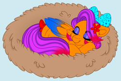 Size: 1280x855 | Tagged: safe, artist:missbramblemele, imported from derpibooru, oc, oc only, pegasus, pony, blue background, bow, female, hair bow, mare, nest, simple background, sleeping, solo, tail, tail bow