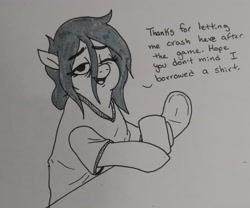 Size: 2048x1700 | Tagged: safe, artist:pony quarantine, imported from derpibooru, oc, oc only, oc:anon-mare, earth pony, pony, chubby, clothes, dialogue, female, grayscale, mare, monochrome, one eye closed, open mouth, shirt, talking to viewer, traditional art, underhoof, wink, winking at you