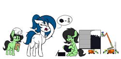 Size: 1152x568 | Tagged: safe, artist:seafooddinner, imported from derpibooru, oc, oc:filly anon, oc:spacexpone, earth pony, pony, clipboard, clothes, cross-popping veins, drool, earth pony oc, eating, emanata, eyes closed, facehoof, female, filly, floppy ears, foal, hard hat, hat, hoof hold, jewelry, mare, necklace, open mouth, raised hoof, rocket, simple background, sitting, white background