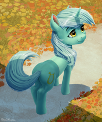 Size: 1289x1536 | Tagged: safe, artist:robsa990, imported from derpibooru, lyra heartstrings, pony, unicorn, autumn, butt, female, leaves, mare, plot, smiling, solo