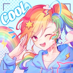 Size: 2000x2000 | Tagged: safe, artist:leafywind, imported from derpibooru, rainbow dash, human, anime, camera shot, clothes, cool, cute, dashabetes, face paint, hoodie, humanized, looking at you, obtrusive watermark, one eye closed, open mouth, open smile, smiling, watermark, wink, winking at you
