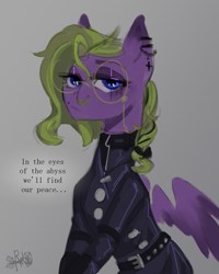 Size: 595x744 | Tagged: safe, artist:charlot, imported from derpibooru, oc, oc:charlot, pegasus, pony, clothes, coat, ear piercing, eyeshadow, glasses, goth, gothic, makeup, pegasus oc, piercing, ponysona, solo