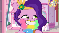 Size: 800x450 | Tagged: safe, imported from derpibooru, screencap, pipp petals, pegasus, pony, spoiler:g5, spoiler:my little pony: tell your tale, spoiler:tyts01e28, animated, beard, devious smile, facial hair, female, g5, gif, mare, my little pony: tell your tale, narrowed eyes, pippsqueaks forever, plotting, rainbow colors, smiling, solo, sparkles, stroking, youtube link