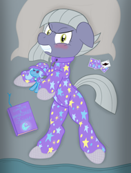 Size: 1556x2048 | Tagged: safe, artist:wingcommanderrudoji, imported from derpibooru, limestone pie, earth pony, pony, angry, bed, blushing, book, clothes, colored, ears back, female, flat colors, floppy ears, footed sleeper, footie pajamas, gritted teeth, implied trixie, looking at you, mare, onesie, pajamas, pillow, playing card, plushie, solo, tail, tail hole, teeth