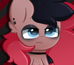 Size: 800x700 | Tagged: safe, artist:kittyrosie, imported from derpibooru, oc, oc only, pony, bust, choker, ear piercing, eyeshadow, freckles, goth, heart, makeup, piercing, solo