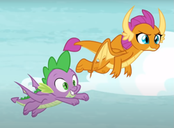 Size: 979x719 | Tagged: safe, imported from derpibooru, screencap, smolder, spike, dragon, father knows beast, cropped, dragoness, duo, female, flying, male, winged spike, wings